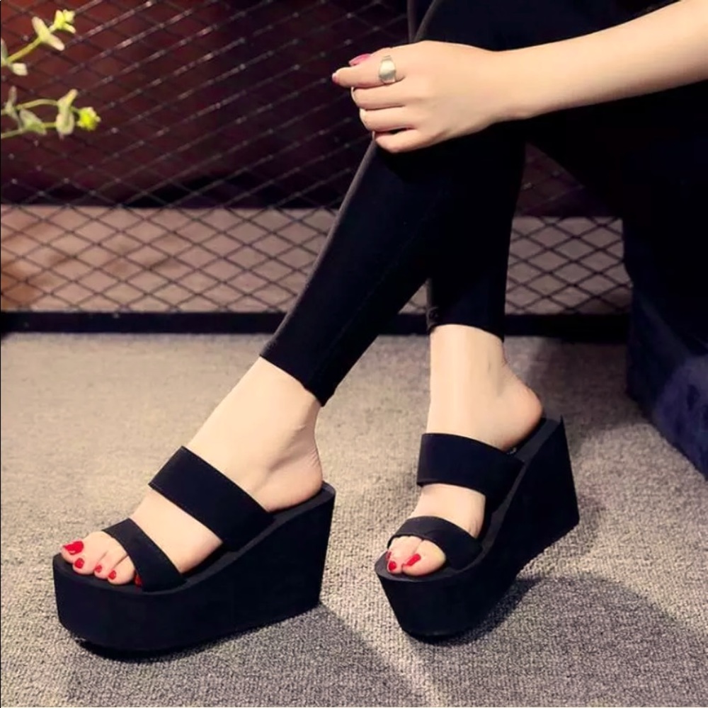 Womens Wedge High Heels Platform Slippers Open Toe Slip On Sandals Summer Shoes